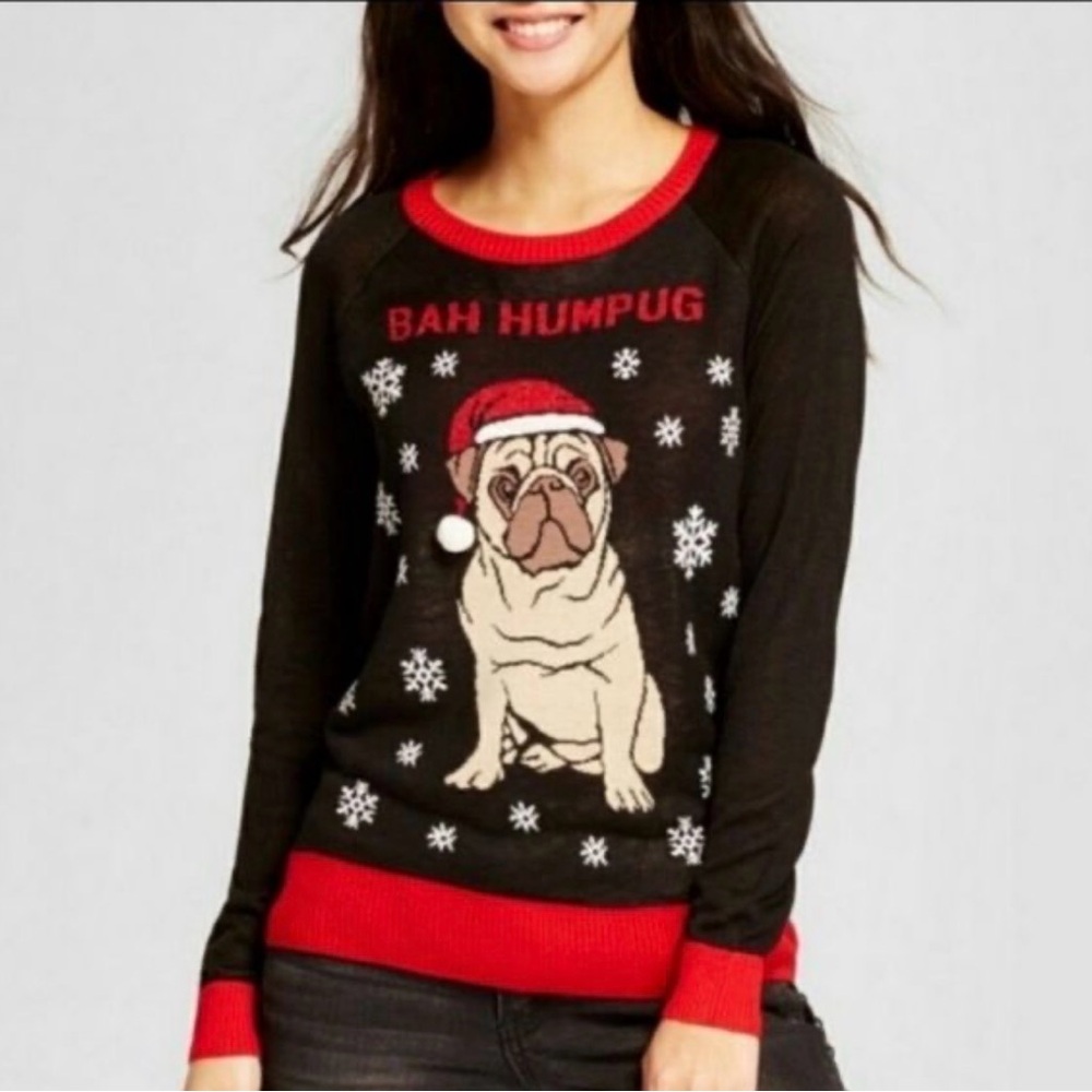 Well Worn Black and Red Pug ugly Christmas Sweater dog M